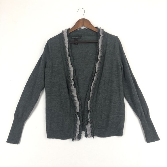 Elena Solano Women's Size Small Grey Open Front Ruffle Trim Merino Wool Cardigan - Picture 1 of 8